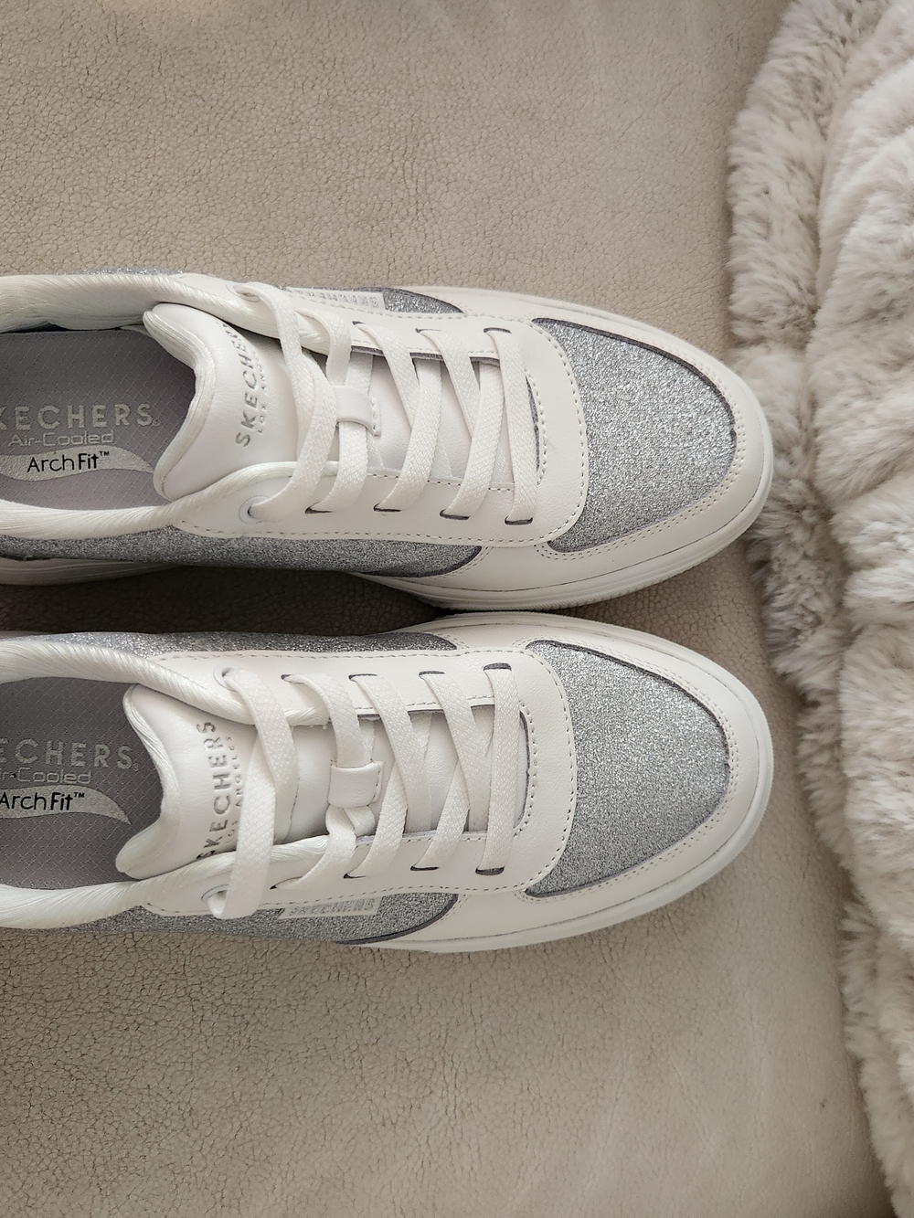 Skechers White and Silver Glitter Women's Sneakers